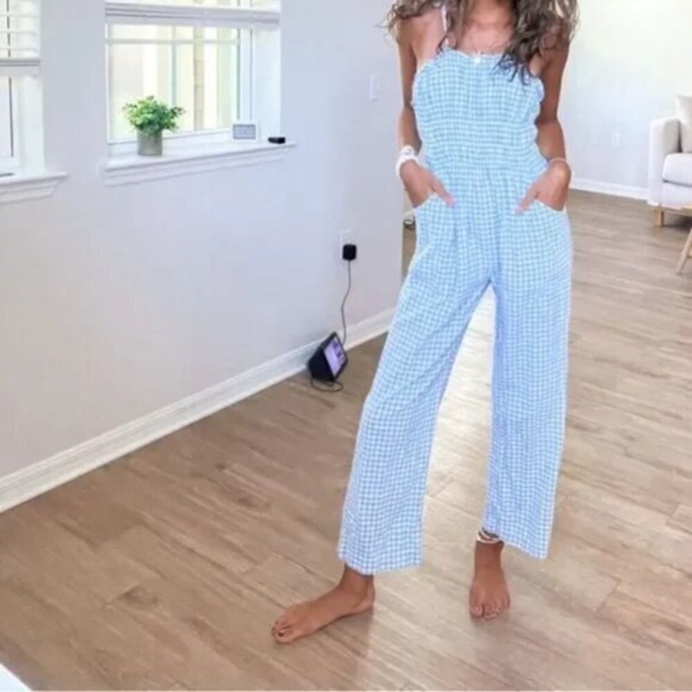 Sincerely Jules Gingham Jumpsuit w Pockets Women’s size large‎ blue white plaid